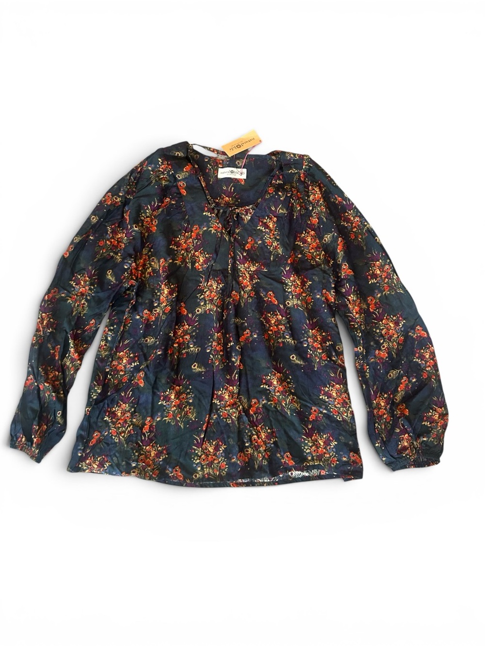 NATURAL LIFE  NWT Rowan Floral Top Black Blouse with Rust Floral Print XS